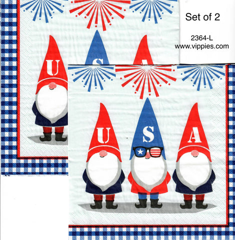 PAT-2364-L-S Set of 2 Gnomes USA Check Border Luncheon Napkins for Decoupage